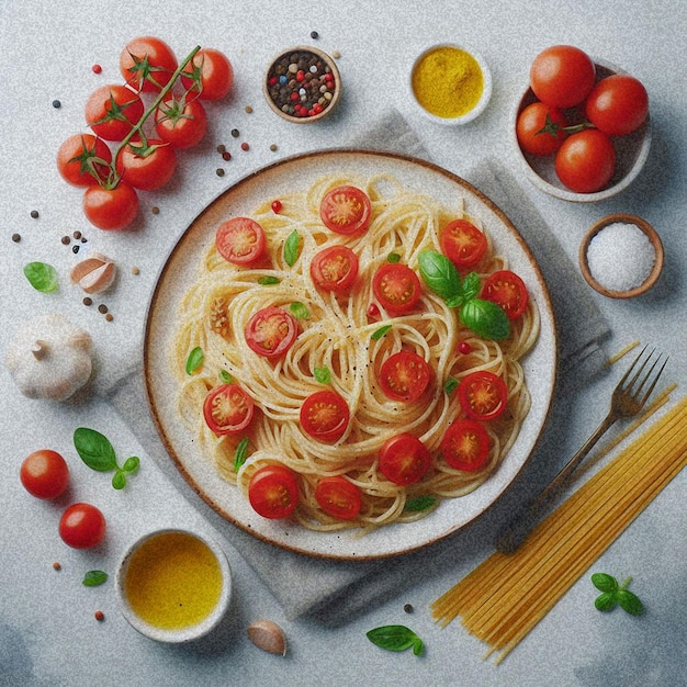 Foto dibujo de un plato de espagueti y un cuenco de pasta