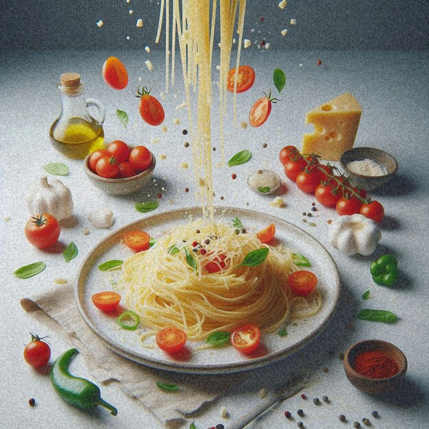 Foto dibujo de un plato de espagueti y un cuenco de pasta