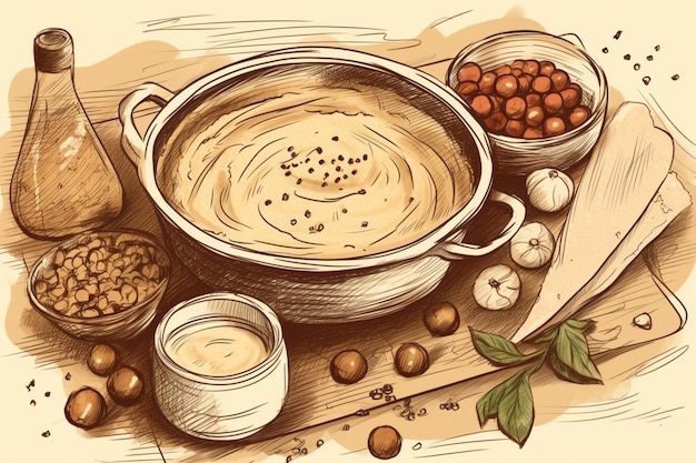 Un dibujo de un plato de hummus con especias y nueces sobre la mesa.