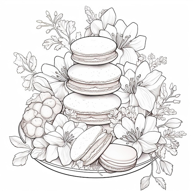 Foto un dibujo de un plato de macarrones y flores generativo ai