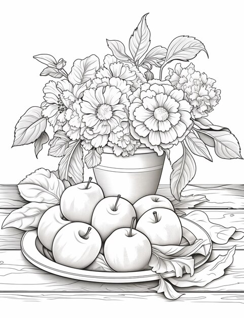 un dibujo de un plato de manzanas y flores sobre una mesa generativa ai