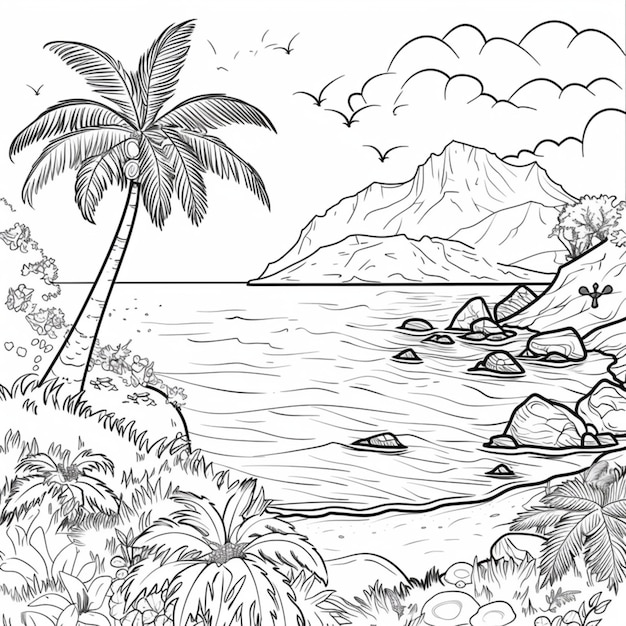 un dibujo de una playa con una palmera y montañas en el fondo