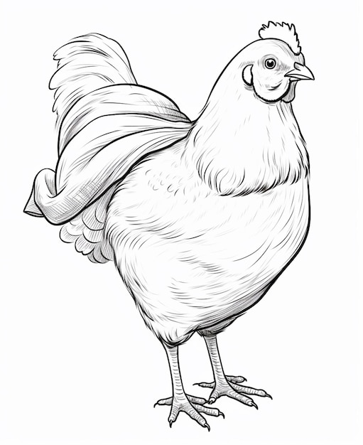 Un dibujo de un pollo con una cola grande de pie en una superficie blanca generativa ai
