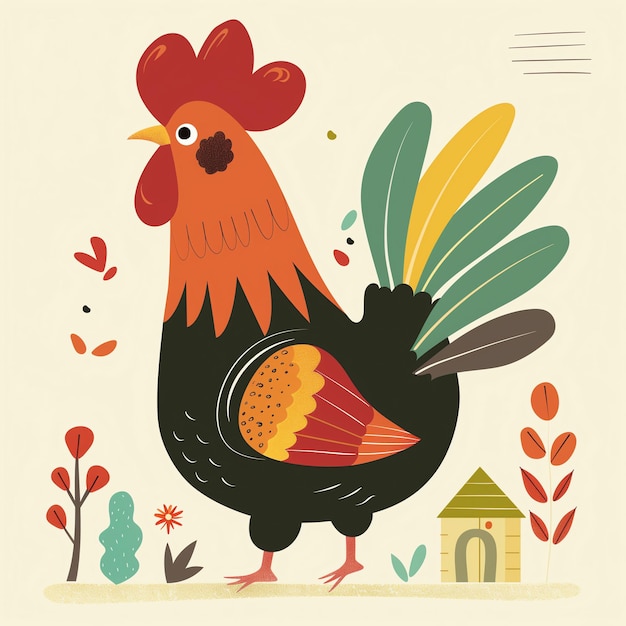 Foto un dibujo de un pollo con un pico rojo y alas amarillas