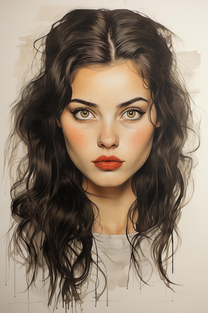 dibujo de primer plano mujer cabello largo ojos de color miel asimétrica belleza antinatural ilustración bochorno