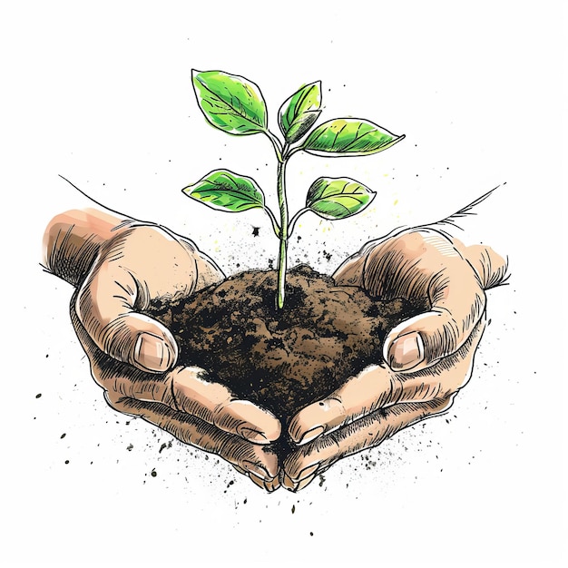 dibujo profesional de una planta que crece a partir de la tierra sostenida en las manos tierra y planta en color Kim Jung Gi estilo de ilustración fondo blanco ar 11 ID de trabajo 70830d178905499c8c0439c690e05908