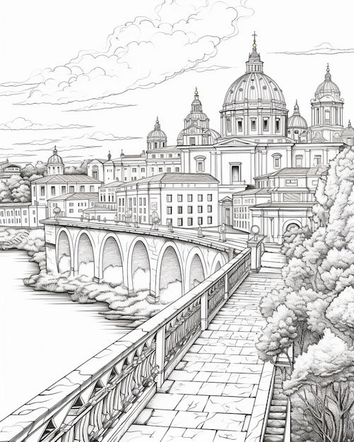 un dibujo de un puente sobre un río con una ciudad en el fondo generativo ai