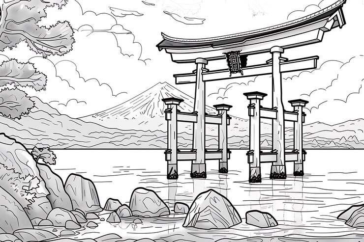 un dibujo de una puerta tori tori en el medio de un lago