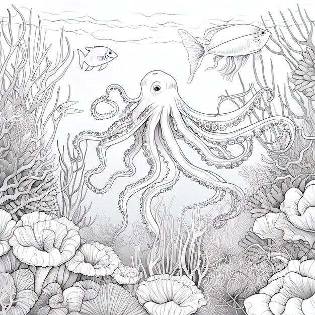 un dibujo de un pulpo y algunos peces.