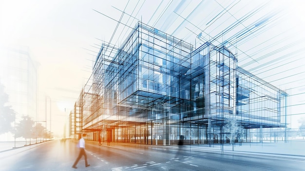 Un dibujo que conecta un gran edificio con líneas por Inteligencia Artificial