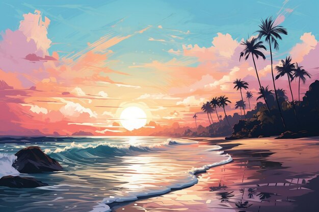 Un dibujo que representa los relajantes colores pastel de una playa tropical Generative Ai