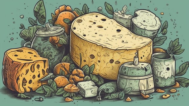 Un dibujo de queso y otros alimentos incluyendo uno que dice 'queso'