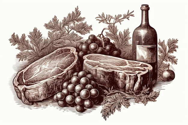 Foto un dibujo de un racimo de uvas y una botella de vino ia generativa