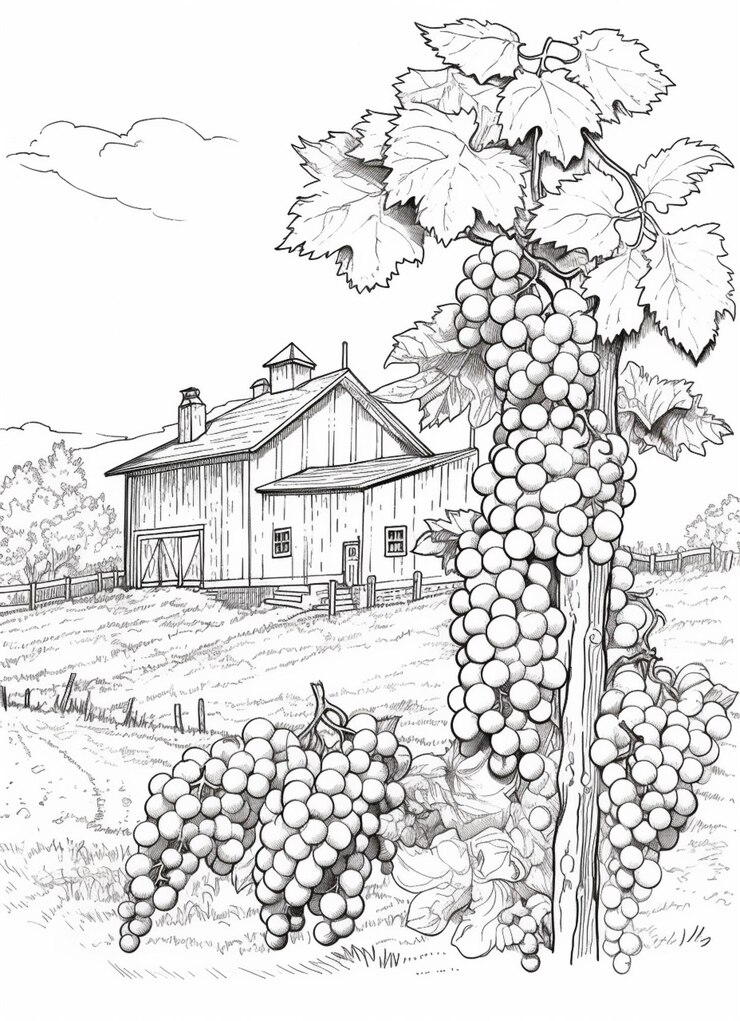 Foto un dibujo de un racimo de uvas creciendo en una vid ai generativo