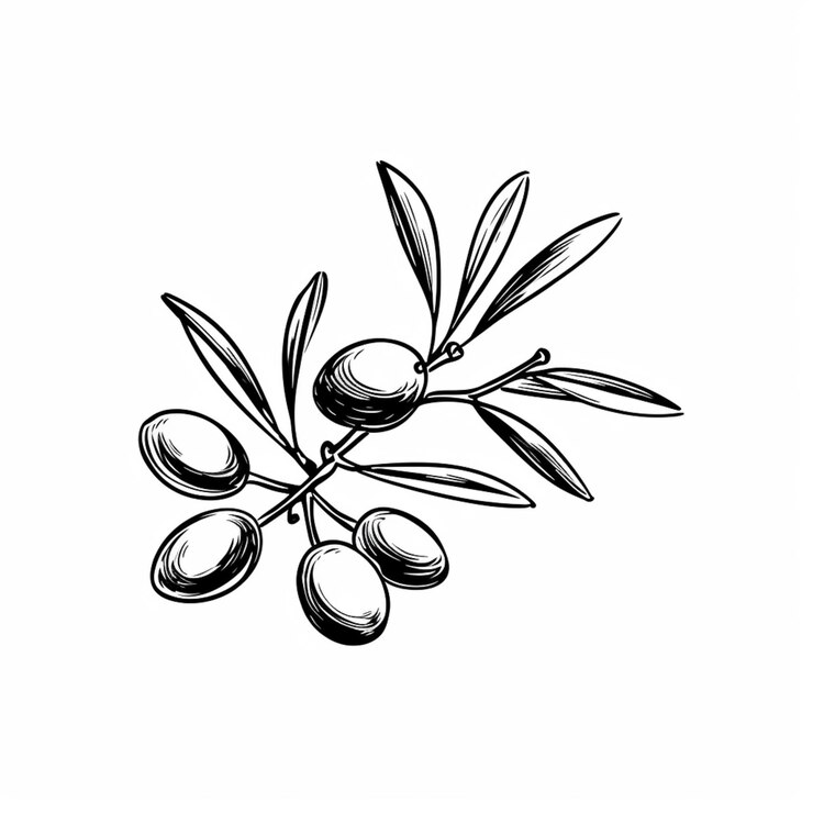 un dibujo de una rama de aceitunas con aceitunas generativas ai