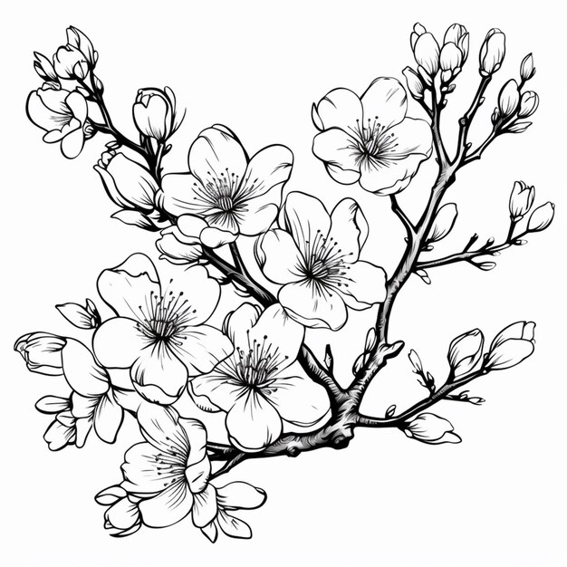 Foto un dibujo de una rama de flores de cerezo con flores generativas ai
