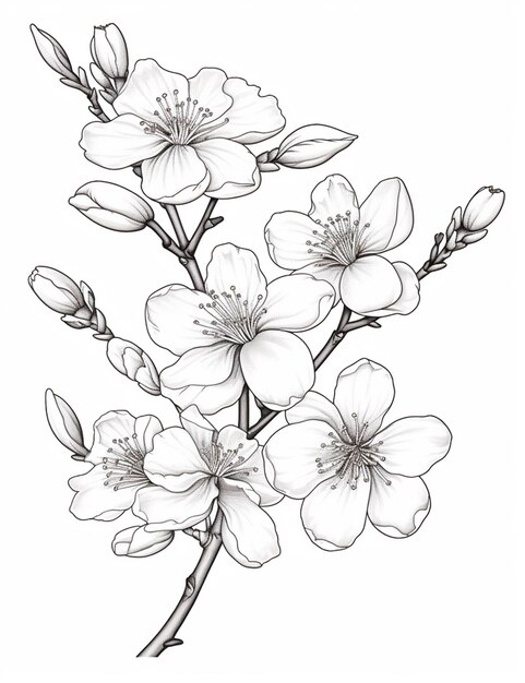 Foto un dibujo de una rama de flores con flores blancas ai generativo