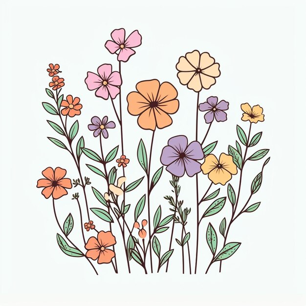 Foto un dibujo de un ramo de flores con hojas y flores ai generativo