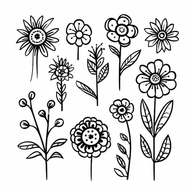 Un dibujo de un ramo de flores con hojas y flores ai generativo.