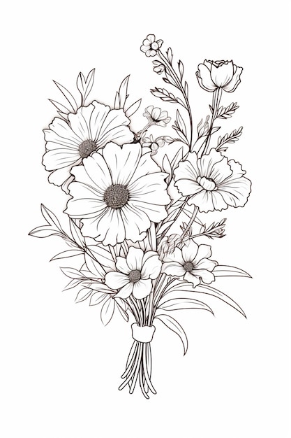 un dibujo de un ramo de flores con hojas y flores ai generativo