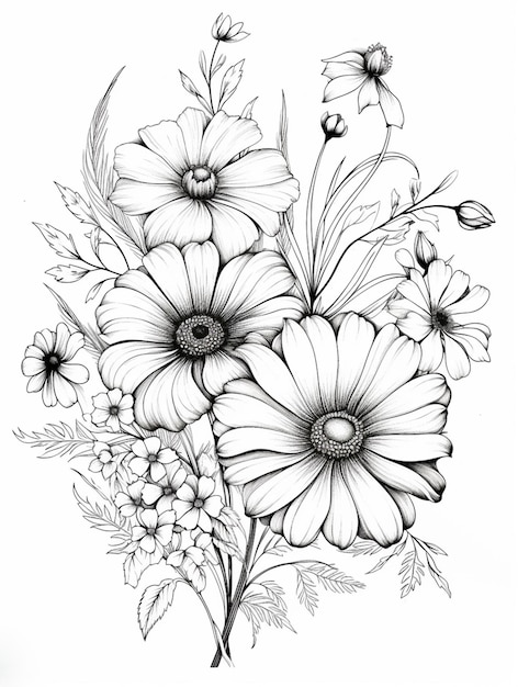 un dibujo de un ramo de flores con hojas y flores generativas ai