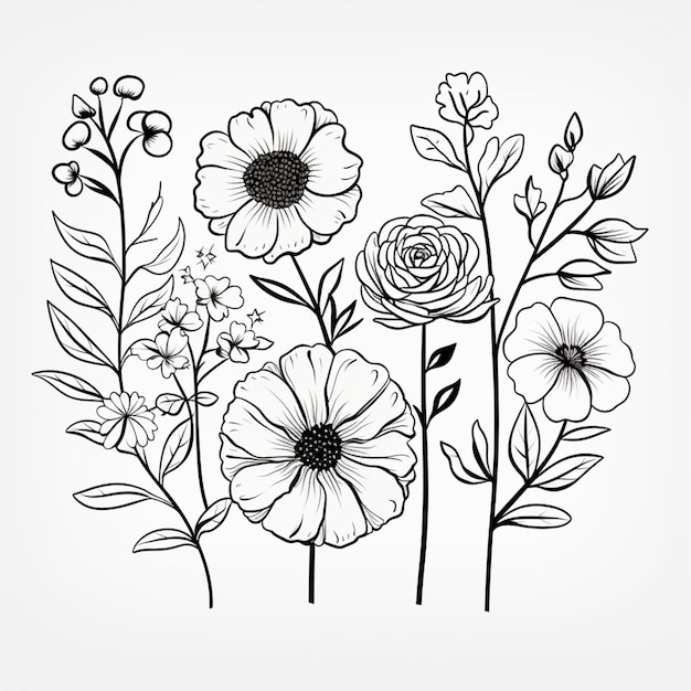 Foto un dibujo de un ramo de flores con hojas y flores generativas ai