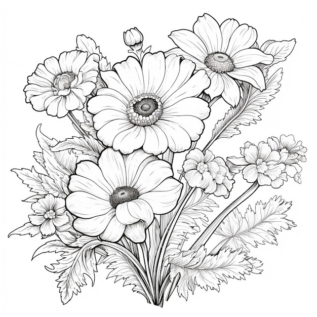 Un dibujo de un ramo de flores con hojas y flores generativas ai.