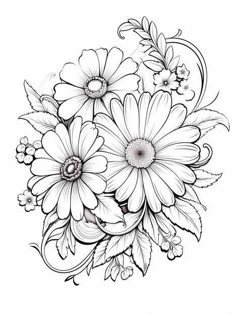 un dibujo de un ramo de flores con hojas y flores generativas ai