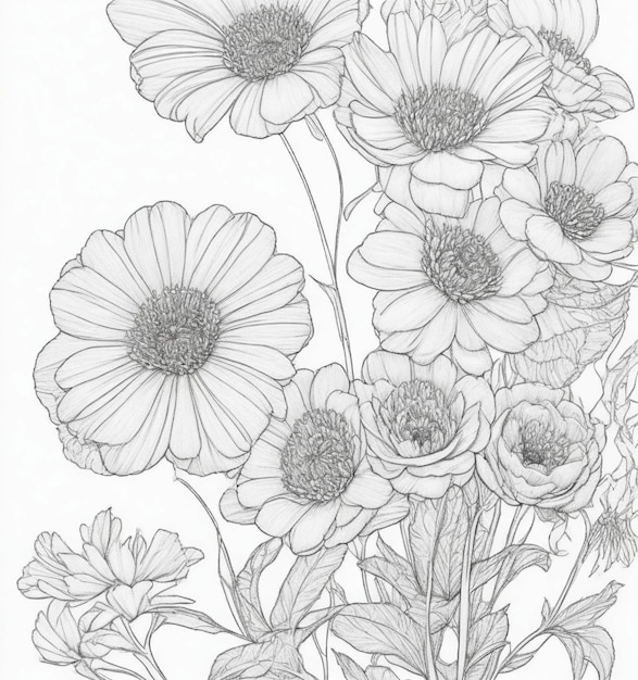 Un dibujo de un ramo de flores con hojas y flores.