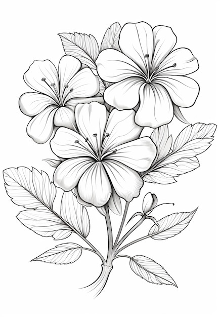 un dibujo de un ramo de flores con hojas en un fondo blanco