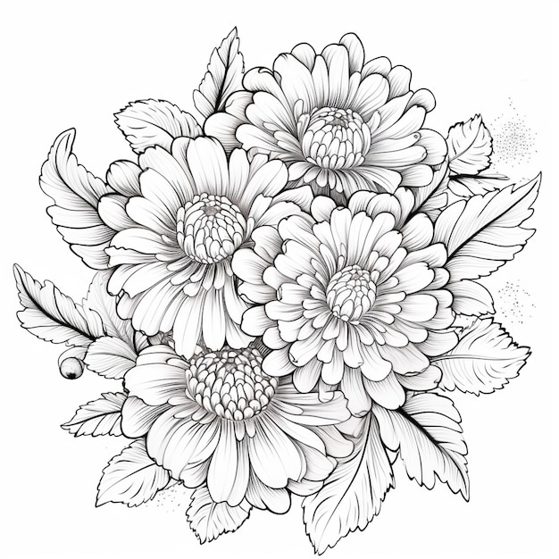 Un dibujo de un ramo de flores con hojas sobre un fondo blanco ai generativo