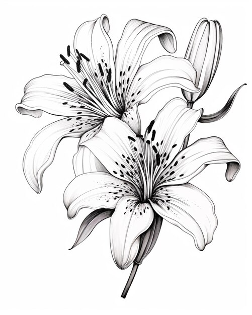 Un dibujo de un ramo de flores con líneas en blanco y negro ai generativo