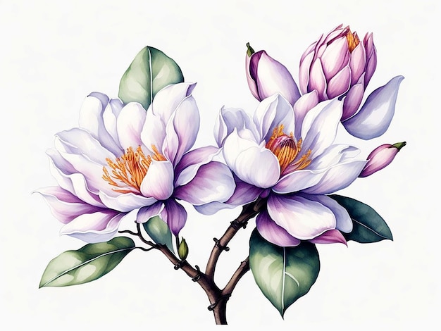 Dibujo de ramo de flores de magnolia en acuarela sobre un fondo blanco