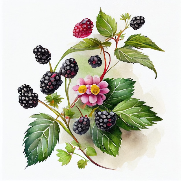 Un dibujo de un ramo de moras y una flor rosa.