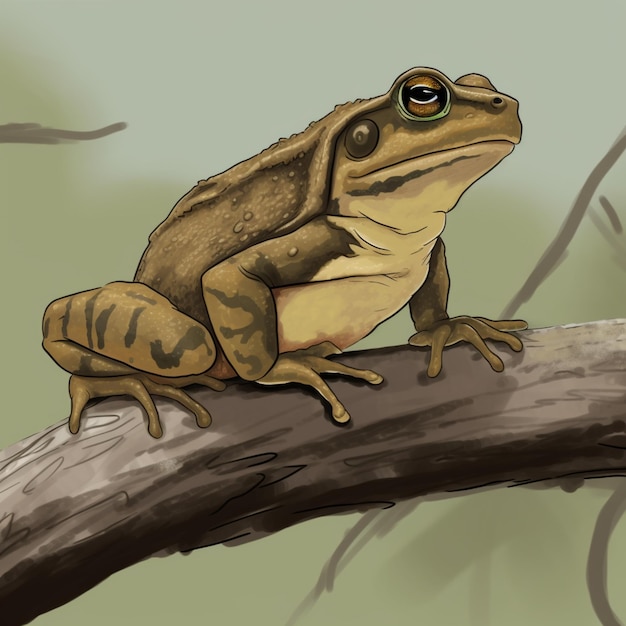 Foto un dibujo de una rana en una rama con un fondo verde.