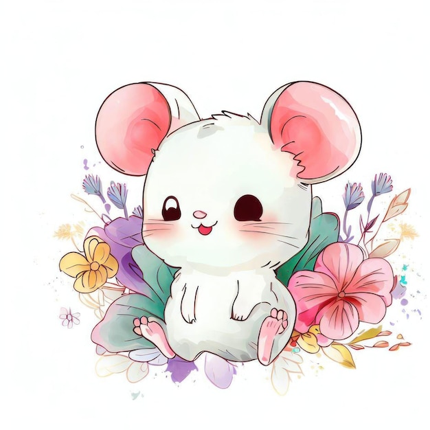 Un dibujo de un ratón blanco sentado entre flores.