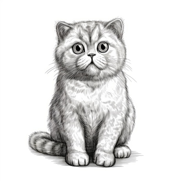 Dibujo realista en blanco y negro de un gatito peludo y lindo