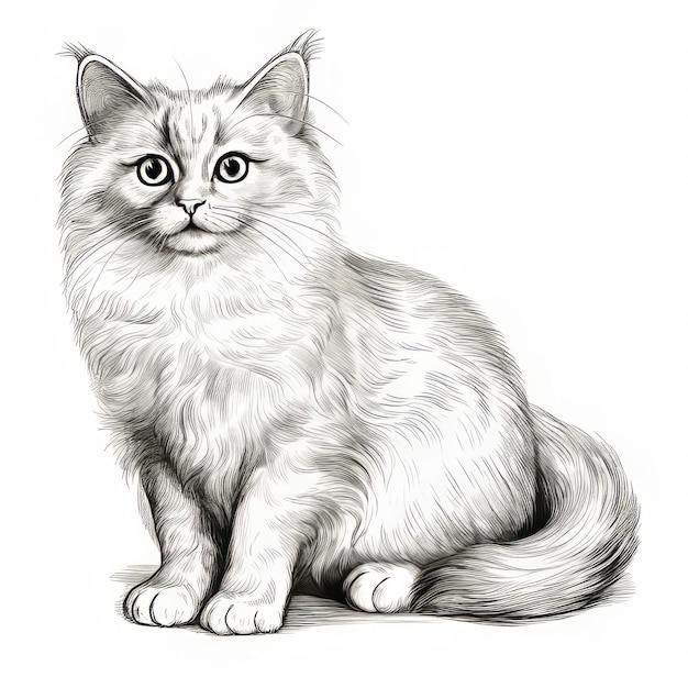 Dibujo realista de gato peludo blanco y negro Ilustración detallada del personaje