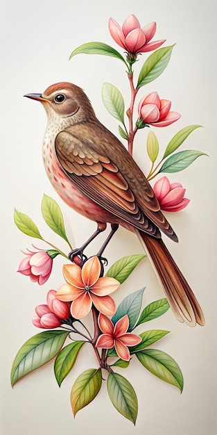 Dibujo realista de un pájaro posado en una rama con brotes de flores en verano