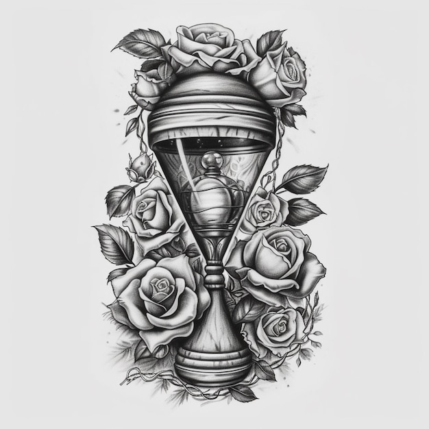 Foto un dibujo de un reloj de arena con rosas y hojas en él generativo ai