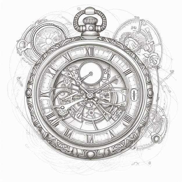 Dibujo de un reloj de bolsillo con esfera de reloj y engranajes generativo ai