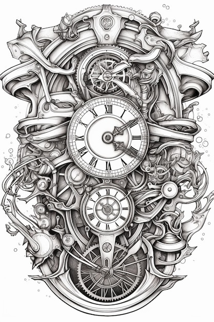 un dibujo de un reloj con muchas cosas diferentes a su alrededor ai generativa