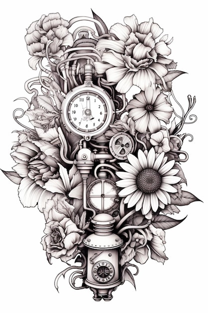 un dibujo de un reloj rodeado de flores y hojas ai generativo