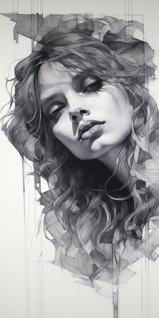 Dibujo de retrato hiperrealista en blanco y negro de una mujer