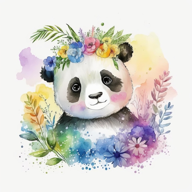 Dibujo de retrato de panda con flores acuarela IA generativa