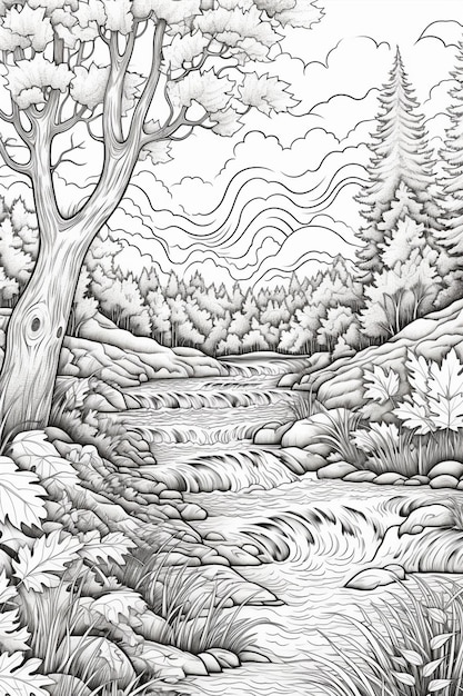 Un dibujo de un río en un bosque con árboles y arbustos ai generativo