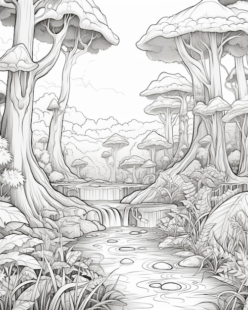 un dibujo de un río en un bosque con árboles y rocas generativo ai