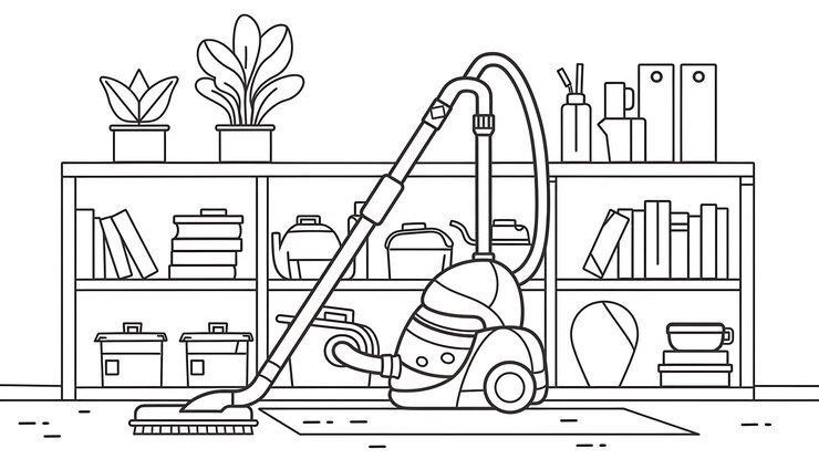 Foto un dibujo de un robot con una aspiradora y una planta en el fondo
