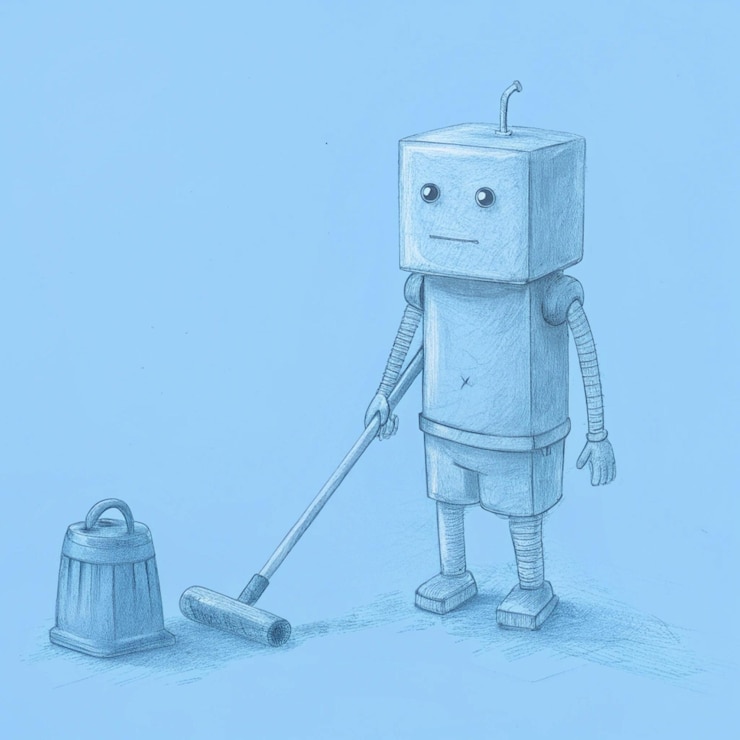 Foto un dibujo de un robot con una mopa en el medio