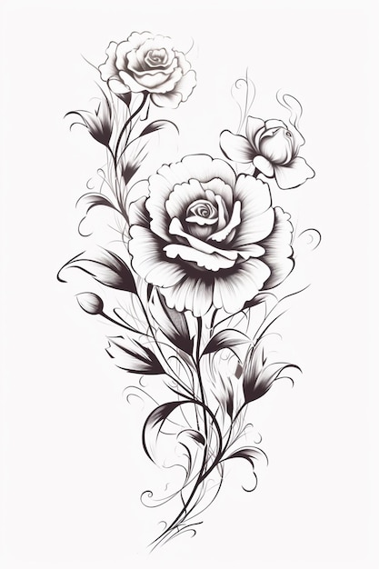 un dibujo de una rosa con hojas y flores sobre un fondo blanco ai generativo